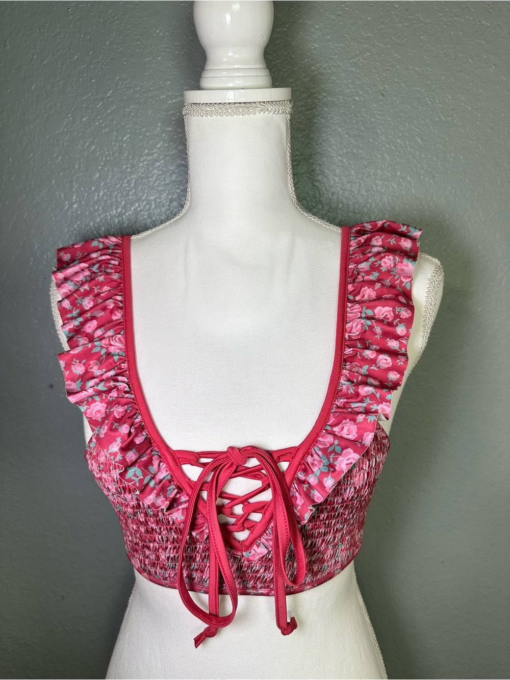 LoveShackFancy Pink Floral Lace-Up Ruffle Swim Crop Top